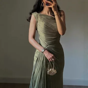 2025 Spring Summer New Fashion Pleated Dress for Women Chic Elegant Off Shoulder Sleeveless High Waist Evening Long Dresses 1