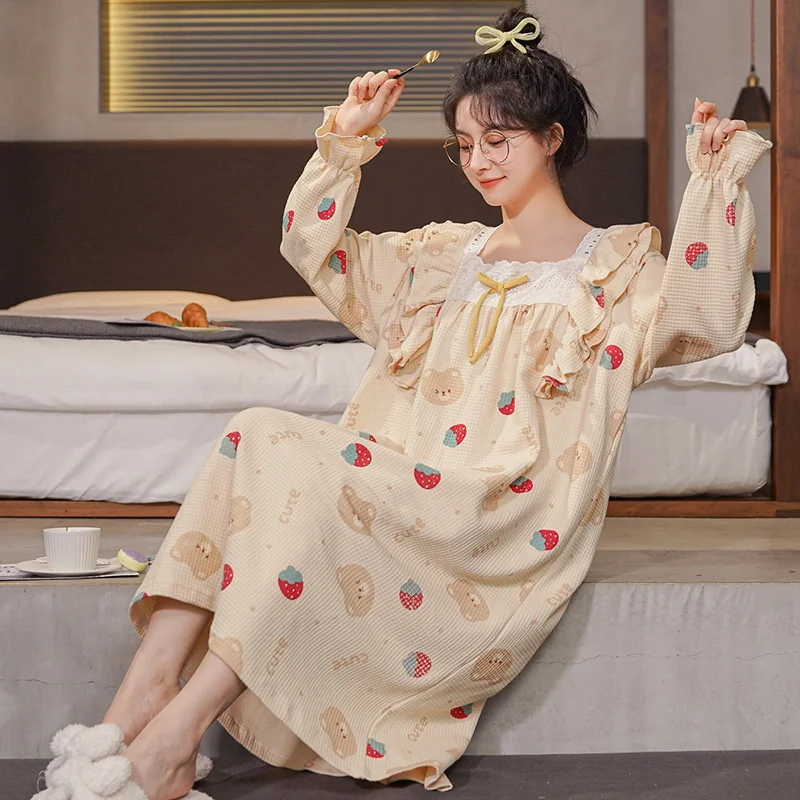 New Spring and Autumn Women's Pajamas Soft Cotton Sweet Home Wear Long Sleeve Cartoon Nightdress Plus-size Loose Sleepwear Cute