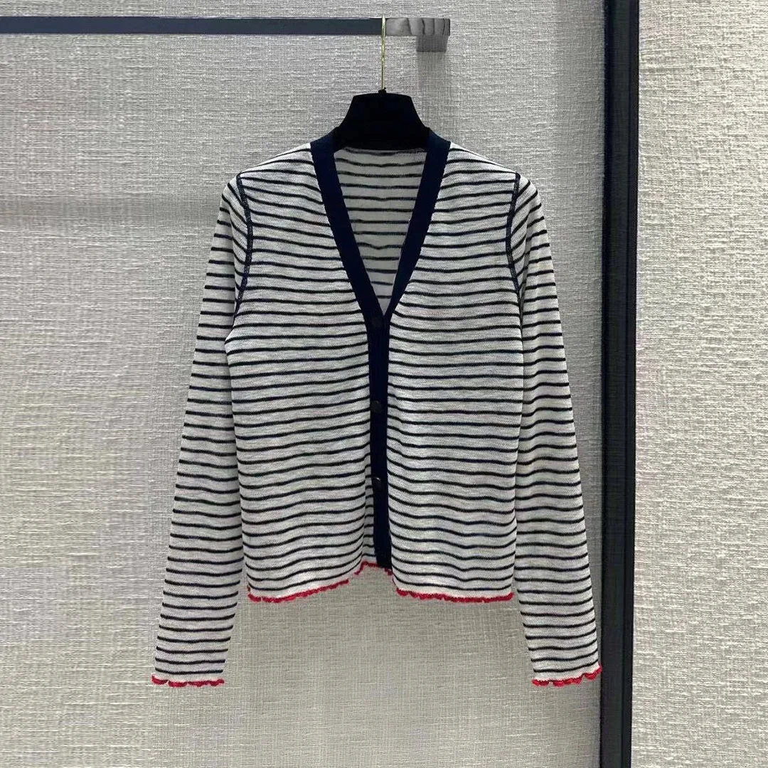 

2024 New Spring Autumn Fashion Contrast Navy Stripes Knitted Cardigan Women V-neck Long Sleeve Single Breasted Slim Fit Sweaters