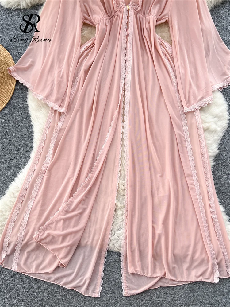 SINGREINY Sheer 에로틱 Shapewear 롱 드레스 프렌치 루즈 긴 소매 스플릿 Nightwer 2023 Women Sheer Mesh 섹시한 잠옷 가운