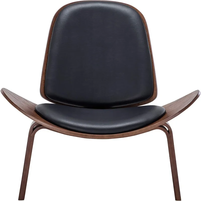 Leather shell recliner, Living room, Bedroom, Office, upholstered tripod side chair, Solid wood - Avalon (black) 6