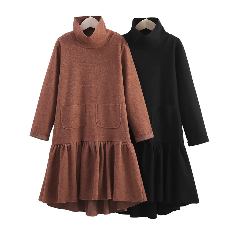 

Autumn and Winter New Girls' Black Art Dress High Neck Slim Bottom Skirt Solid Color Long Sleeve Fashion Versatile Long Dress