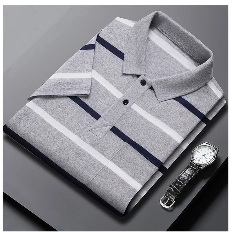 Smart Casual Men Short Sleeve Striped Polo Shirts Korean Streetwear Summer Male Clothes Tees Business Fashion Casual Loose Tops