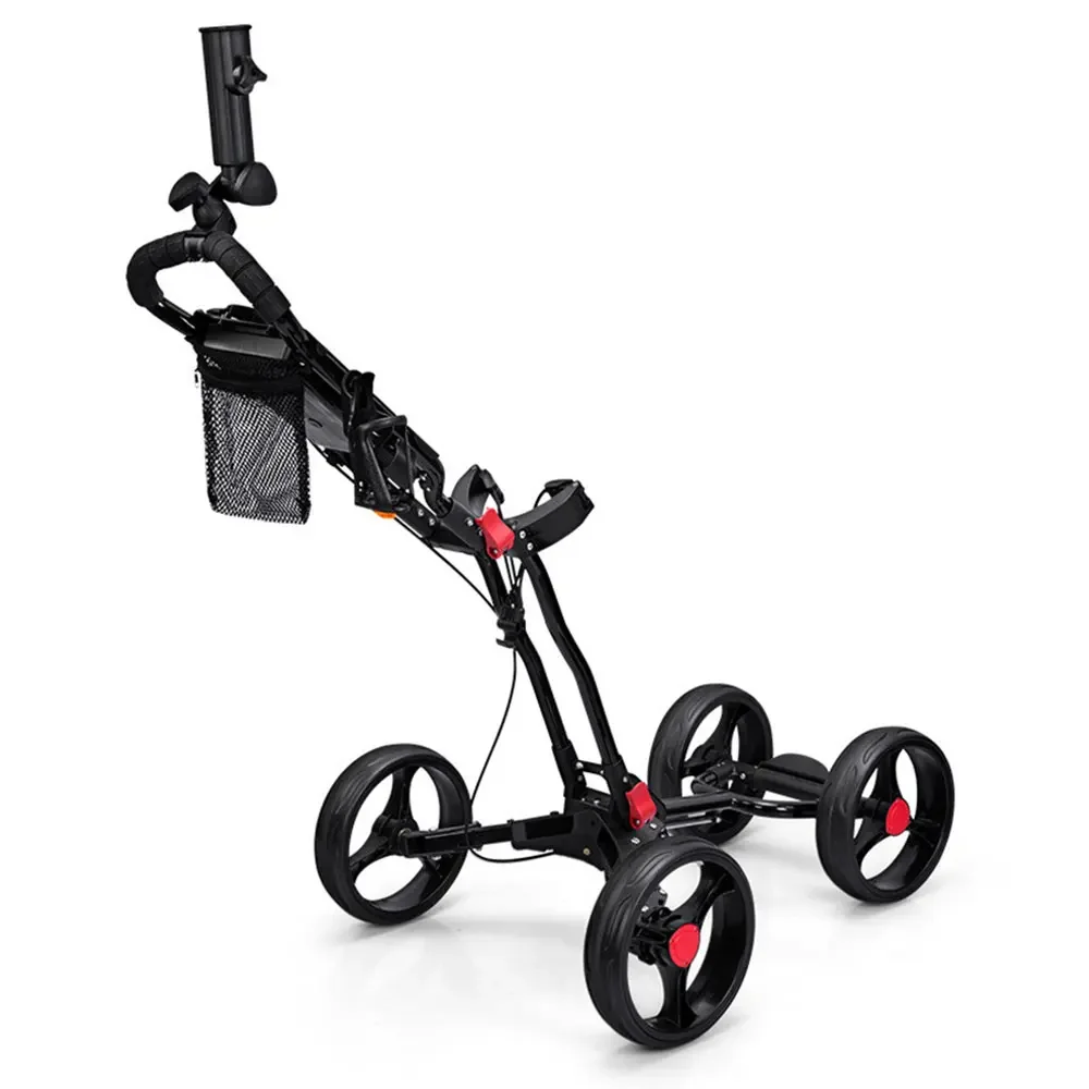 Golf Trolley, Four-wheel Foldable Light Trolley with Golf Club Seat, Foot Brake/umbrella Stand