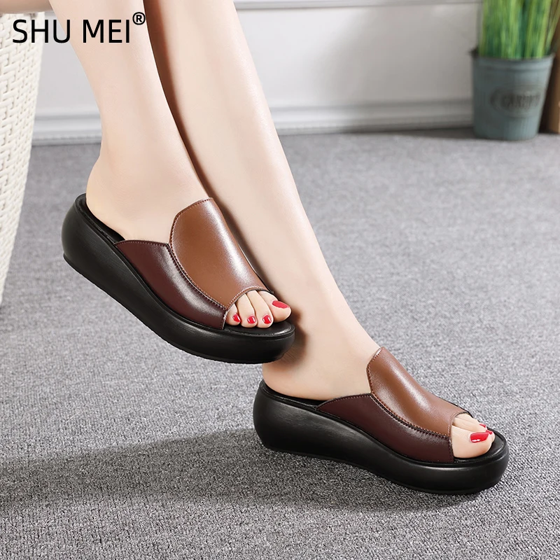 Slippers Woman Summer New 2024 Wedges Shoes For Womens Platform Middle Heel  Mother Leather Slippers Fashion External  Wear