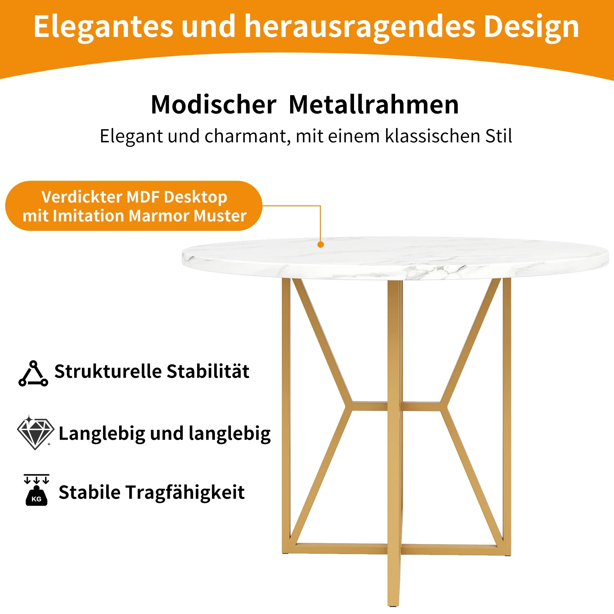 80 x 80 x 76 cm runder Esstisch, mit goldenen Beinen, marmorierte MDF-Arbeitsplatte, runder Tisch für 4–6 Personen, geeignet für Esszimmer – Detail 1