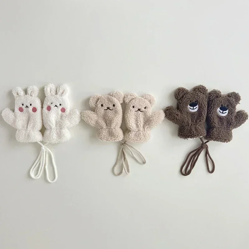 Baby Thicken Plush Warm Mitten Cute Cartoon Bear Girls Children with Rope Mittens Comfortable Windproof Boys Kids Outdoor Gloves