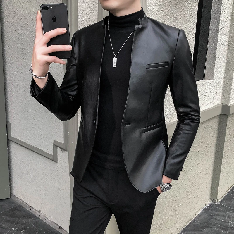 

2023 fashion Faux Leather Blazer Men Casual Slim Fit Blazer Masculino PU Suit Jacket Single Button Wedding Business Dress Coat