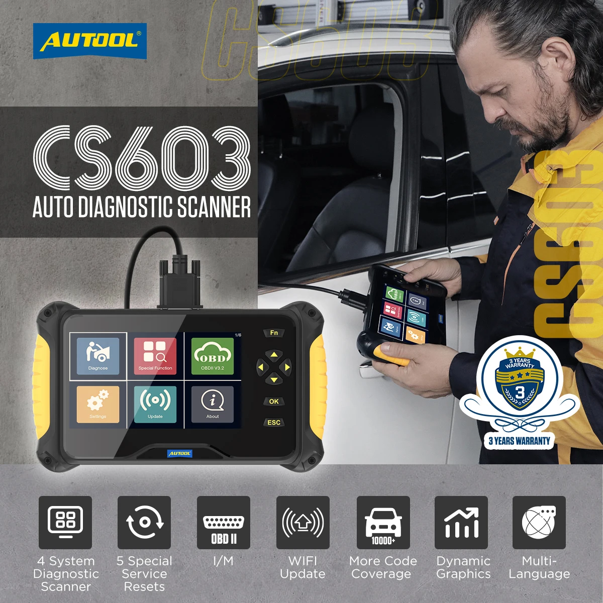 Cylinder Stethoscope AUTOOL CS603 Automotive OBD2 Scanner Diagnostic Scanner Four-System Diagnostic Scanner Diagnostics Engine Transmission ABS SRS portable car battery charger