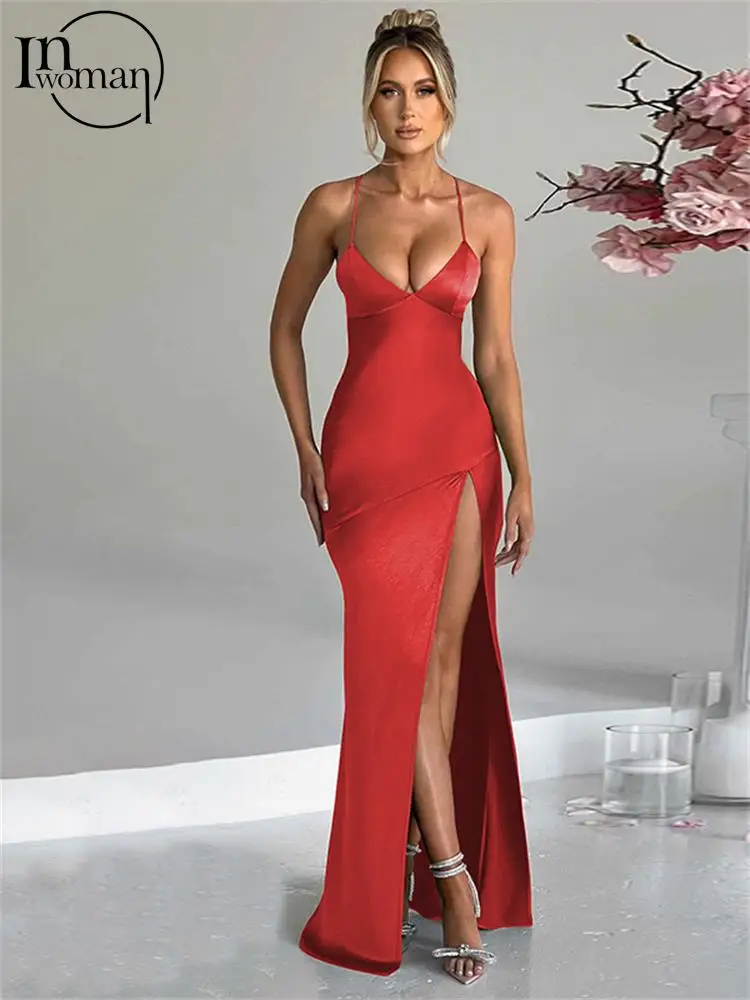 

Inwoman Winter Red Bandage Hem Split Long Dress Evening Party Outfit Women 2023 Sexy V Neck Backless Camisole Maxi Dress Female