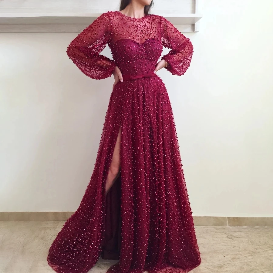 

Gorgeous Sequins Beads Evening Dresses 2023 Puffy Long Sleeves Split Front Formal Women Prom Gowns Arabic Night Party Outfits