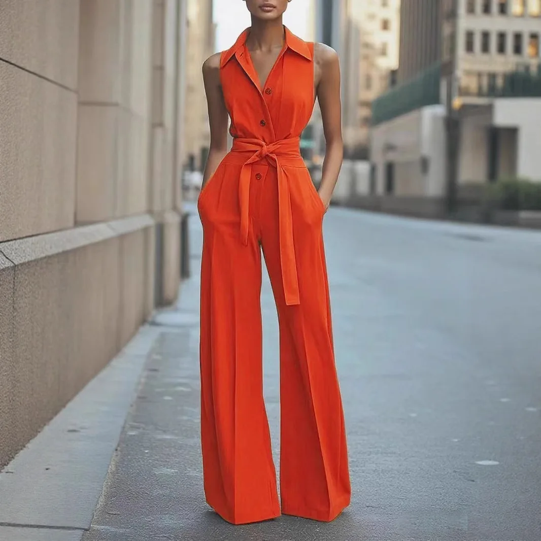 “Macacão laranja feminino moderno com amarração na cintura e perna ampla”