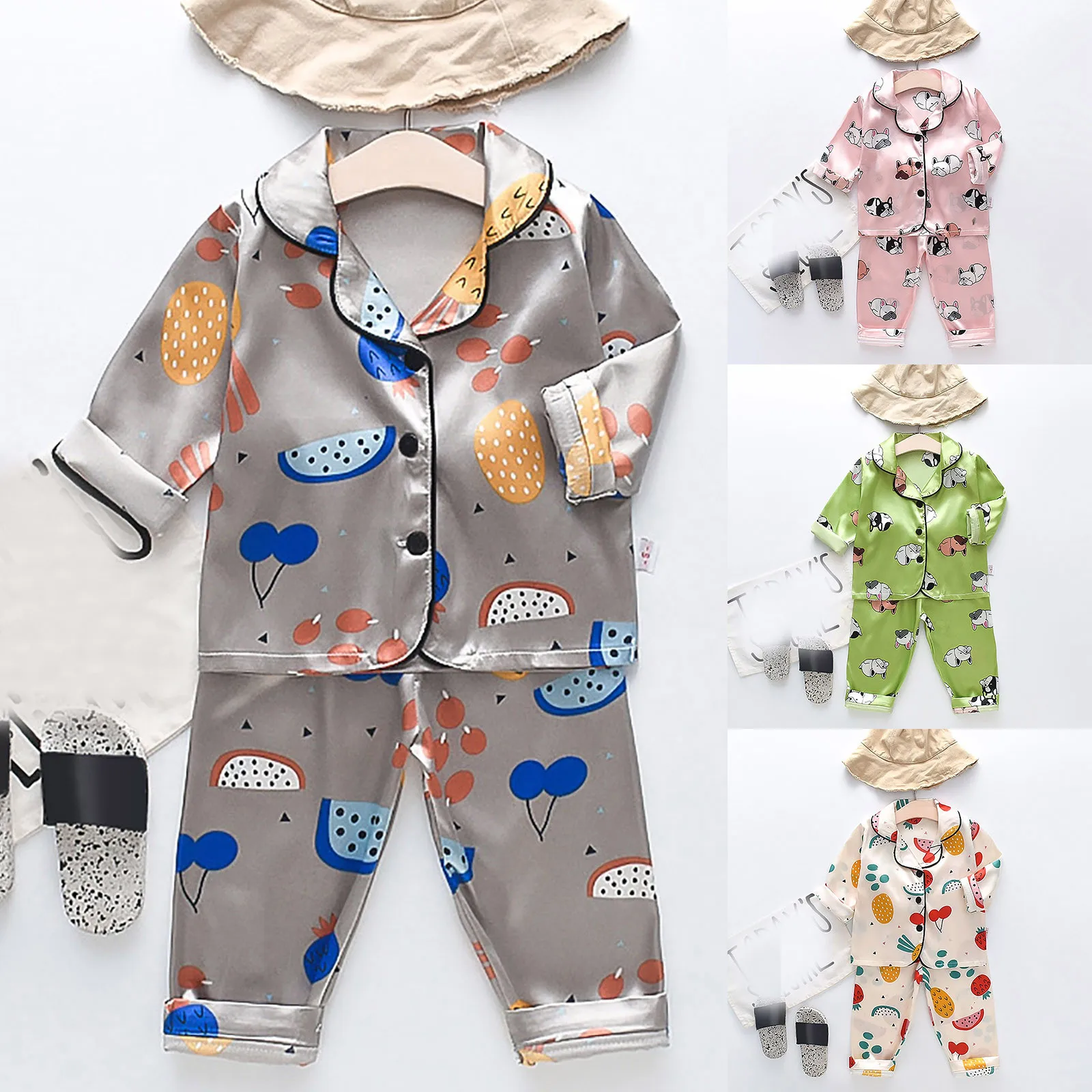Toddler Kids Baby Boys Girls Satin Cartoon Button Down Shirt Tops + Long Pants Silk Pajamas 5 Set 4t Toddler Girl Clothes