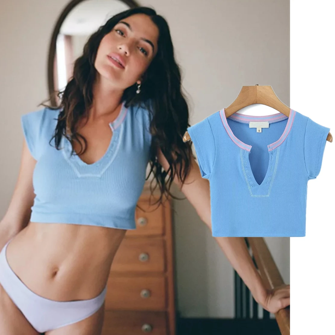 

Withered American Vintage Solid Rib High Waist Short Top T-Shirt Women