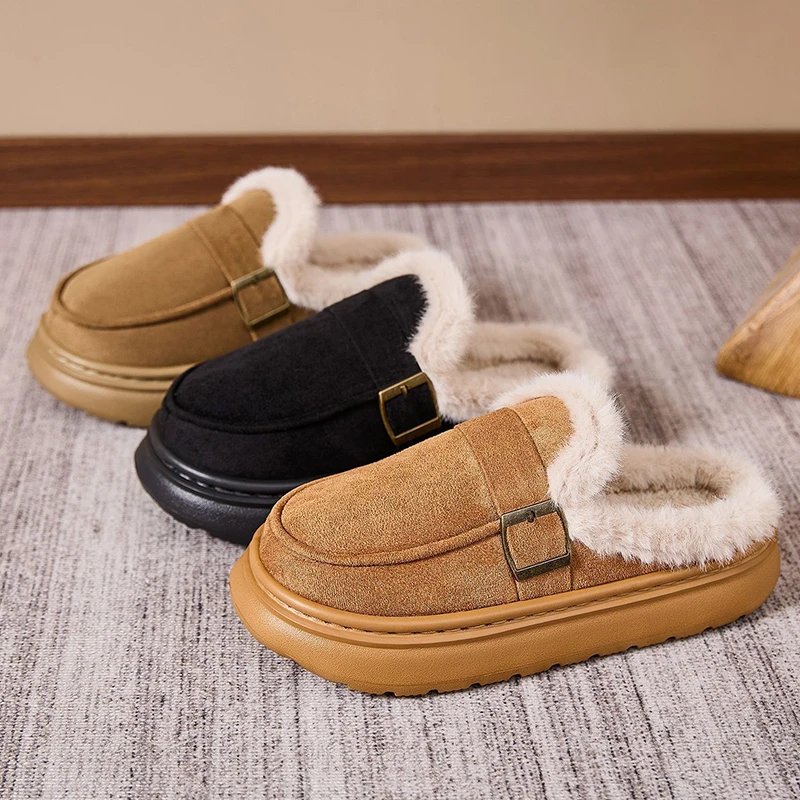 Korean Thick Bottom Plush Slippers Women Plus Size 47 Faux Suede Cotton Slippers Woman Non Slip Platform Winter Shoes Female
