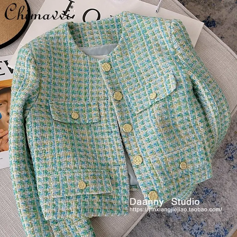 

Heavy Industry Light Luxury High-Grade Women's Coat 2023 Spring New Fashion Plaid Tweed Long Sleeve Short Temperamental Jacket