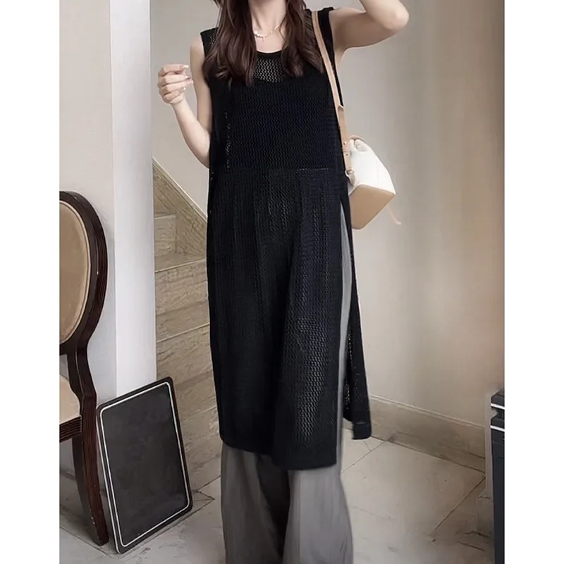 Summer Sleeveless O-neck Loose Women Blouses Fashion Solid Color Elegant Casual Knitted Tops Hollow Out Long Blouses