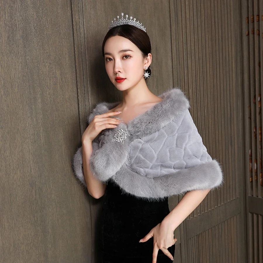 

Hot Sale White Gray Bridal fur shawl Faux fur Coat Bride Bolero Mujer fiesta Cape Mariage Femme