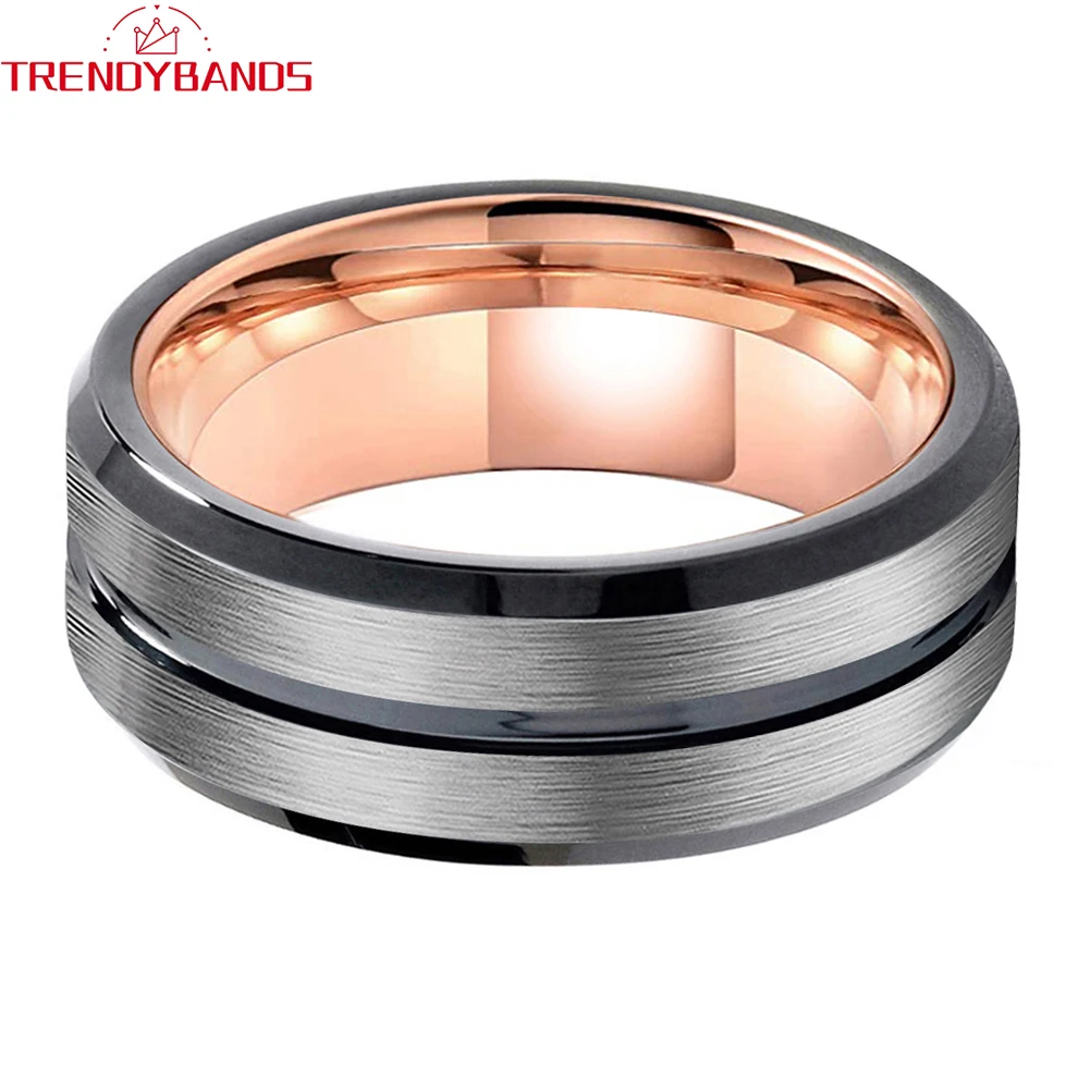 8mm Black Tungsten Wedding Ring Center Grooved for Men Women Two Tone Fashion Jewelry Brushed Finish Comfort Fit