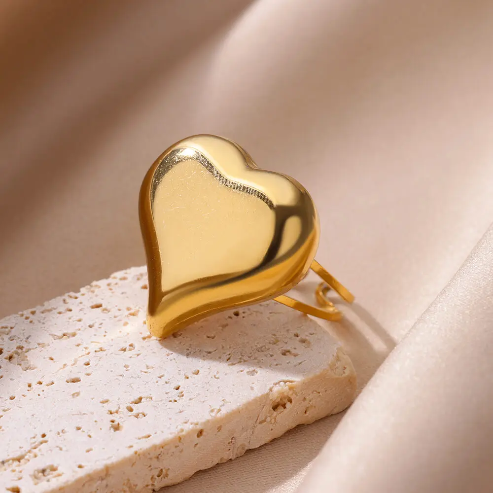 Chunky Heart Stainless Steel Open Rings For Women