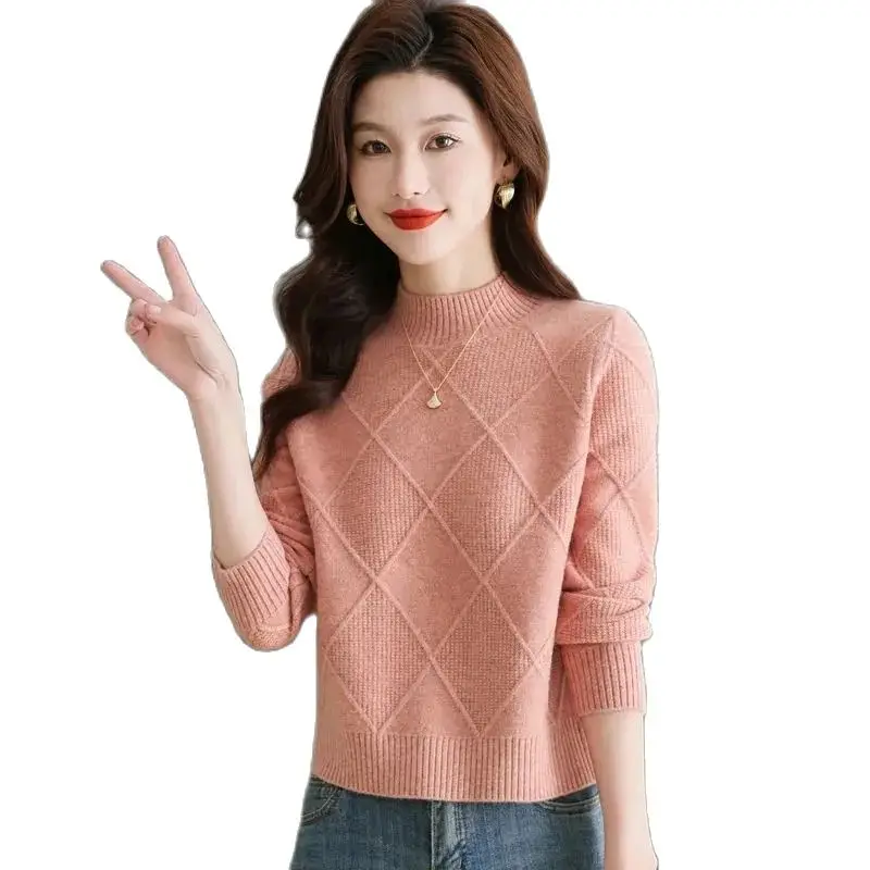 

Spring Autumn 2024 New Short Plaid Jacquard Semi-High-Necked Autumn And Winter Loose Women Sweater Keep Warm Bottoming Shirt