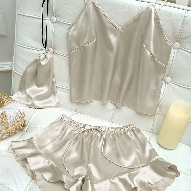 Women Pajamas Set Fashion Sexy Sling Tops Shorts Three-piece