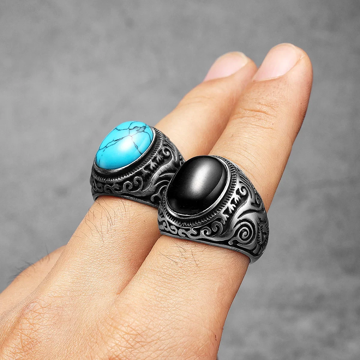 Vintage Black Turquoise Carved Stainless Steel Ring - Punk Rock Luxury Fashion Jewelry Accessory
