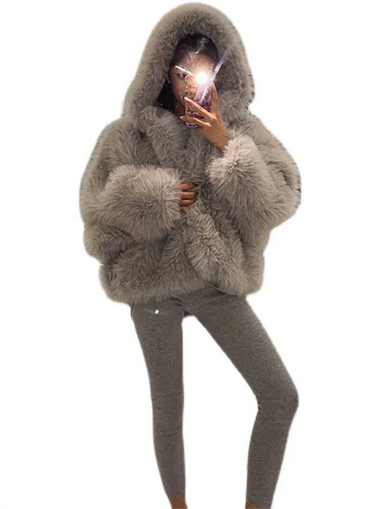 

Женское пальто с искусственным лисьим мехом 2022, зимняя толстая теплая верхняя одежда с капюшоном, куртка, новые однотонные меховые куртки в ленивом стиле N1519