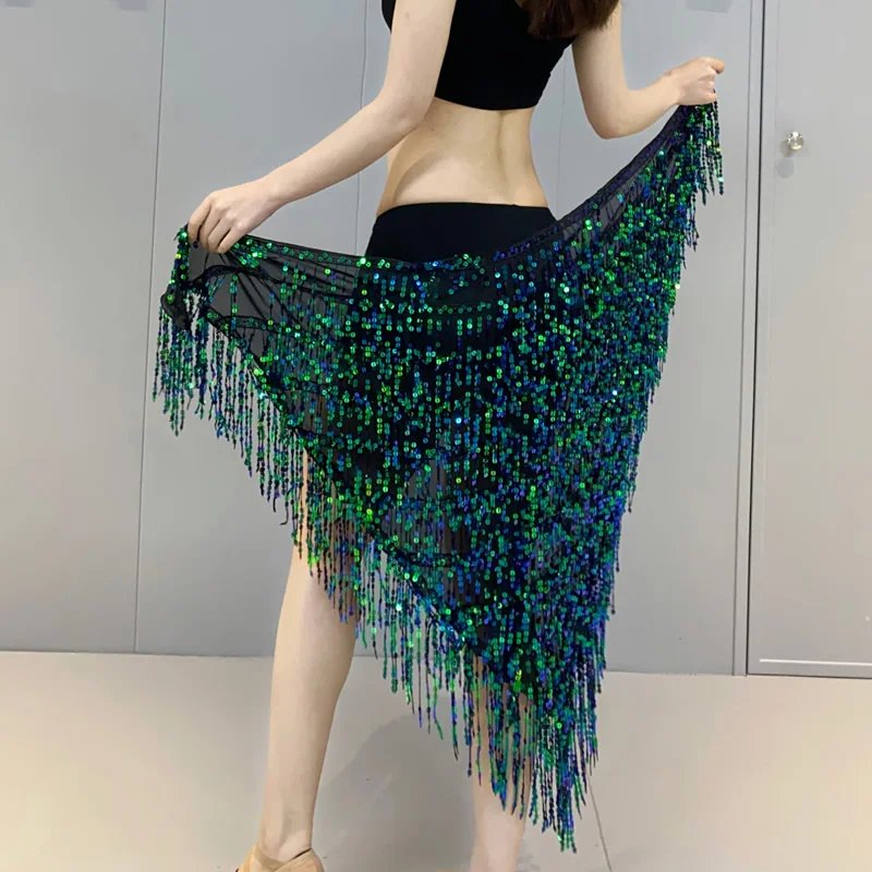 New Belly Dance Hip Scarf Triangle Mesh Diamond HipTowel Multi Layer Tassel Beaded Waist Chain Group Versatile Practice