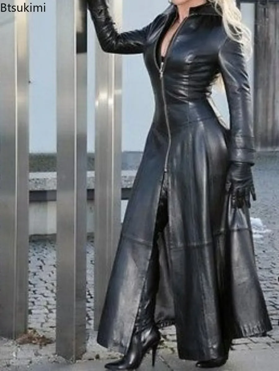 

New 2024 Women's PU Leather Clothing with Stand Collar Zipper Long Trench Coat Long Sleeve Slim Fashion Sexy Long Jacket Female