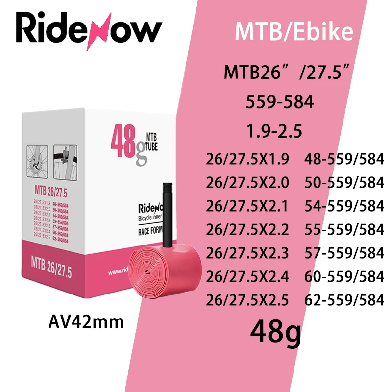 Ridenow 초경량 자전거 내부 튜브, 26/27.5/29 인치 MTB 사이클링 튜브 밸브 길이 슈레이더 밸브, 산악 자전거 튜브용 42mm