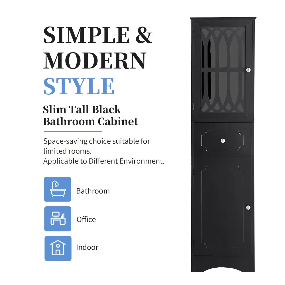 Tall Bathroom Cabinet, Freestanding Storage Cabinet With Drawer And Doors, MDF Board, Acrylic Door, Adjustable Shelf, Black 4