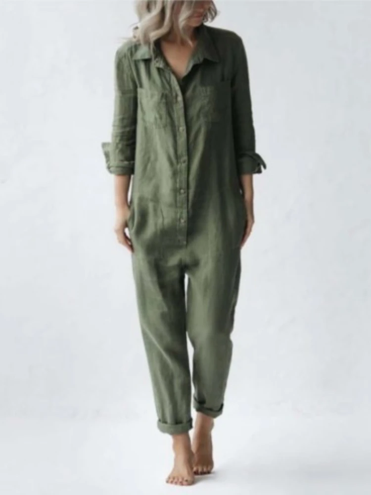 Vintage Cotton Overalls Mujer Women Jumpsuits Spring Long Sleeve Buttons One Piece Outfit Chic Tunic Oversized Green Jumpsuit