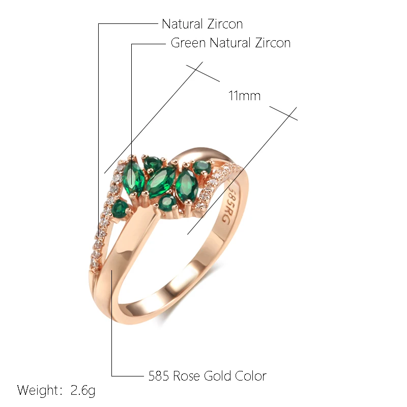 Kinel Luxury Green Natural Zircon Ring For Women 585 Rose Gold Color White Stone Daily Easy Matching Fine Jewelry Gift