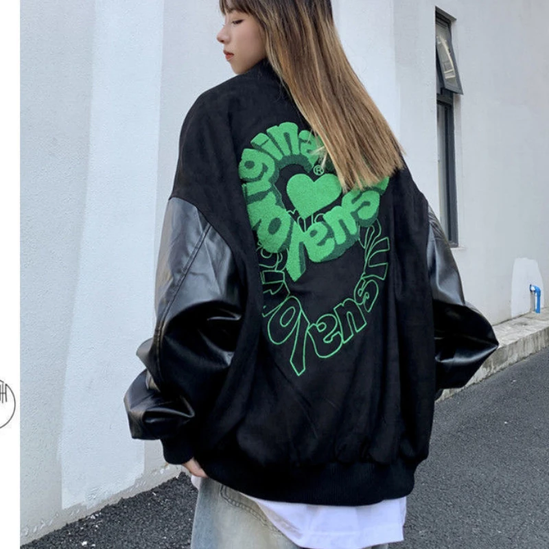 

New Spring Autumn Women's and Men's Jackets Sportswear Patchwork PU Leather Baseball Jerseys Y2k Coats Loose Korean Fashion