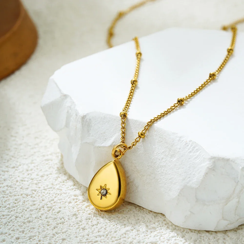 Exquisite Minimalist Mini Waterdrop Zircon Moon Necklace Women Chunky Square Small Pendant Round Bead Chain Gold Color Jewelry