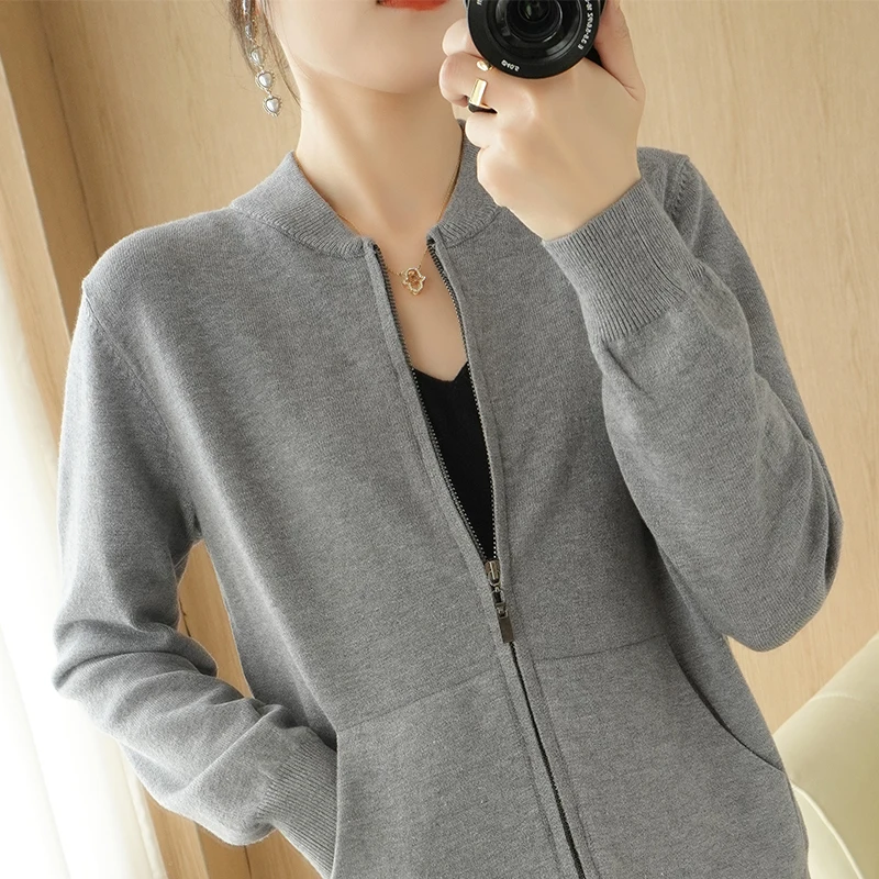 Knitted Autumn And Winter Baseball Uniform Cardigan Women's New Solid Color Long Sleeve Sweater Korean Version Loose Wild Coat
