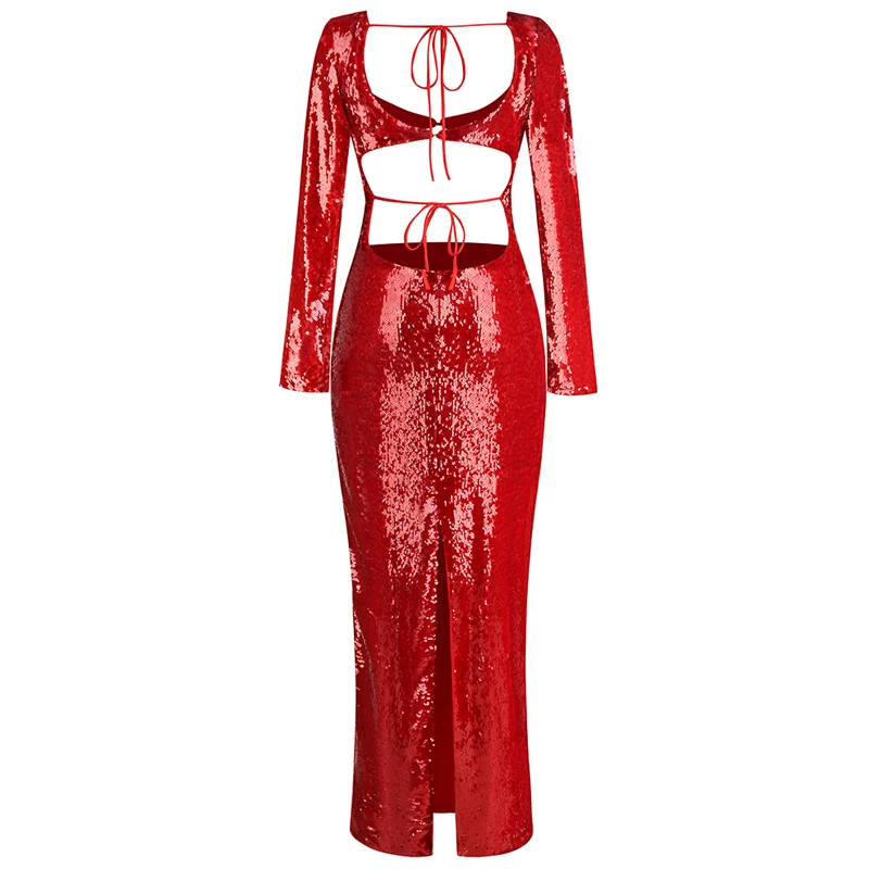 New Fashion Sexy Sequin Open Back Long Sleeve Skirt, Women\'s Slim Fit Waist Decoration, Lacing, Split Party Dress Long Style