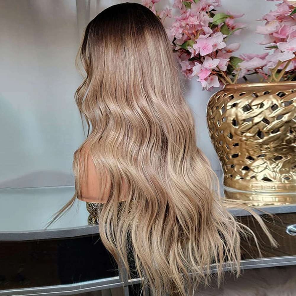 Perruque Full Lace Wig naturelle-Rooty, cheveux blonds mélangés, 13x6 pouces, balayage brun clair ombré, 28 pouces 180%