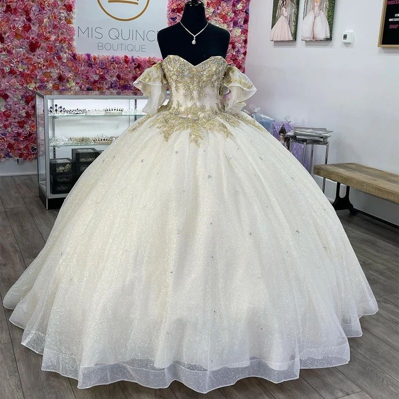 

ANGELSBRIDEP бальное платье с открытыми плечами и бисером, платья для Quinceanera с золотой аппликацией, платье для выпускного вечера на день рождения для девочек 15 лет