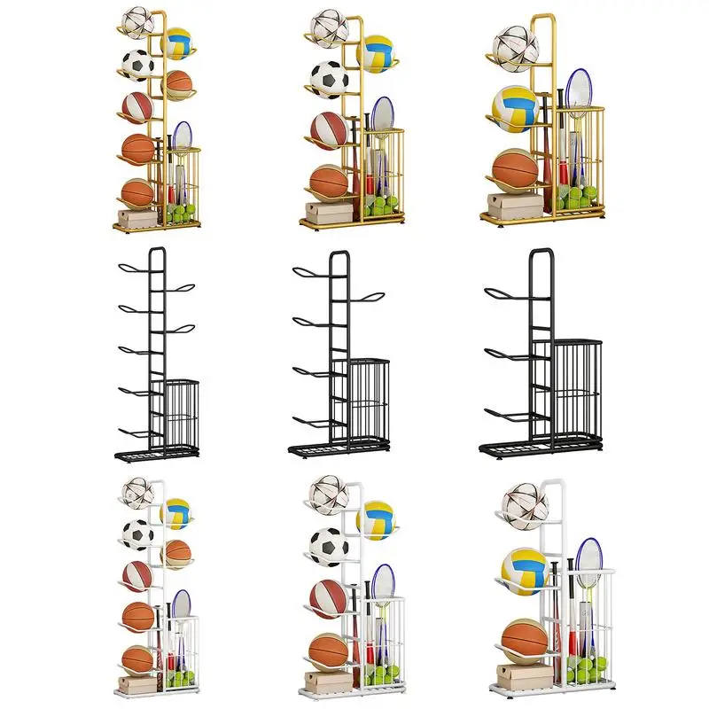 Basketball Storage Rack Vertical Metal Basketball Organizer Sports Ball Storage Stand with Basket Garage Organizer