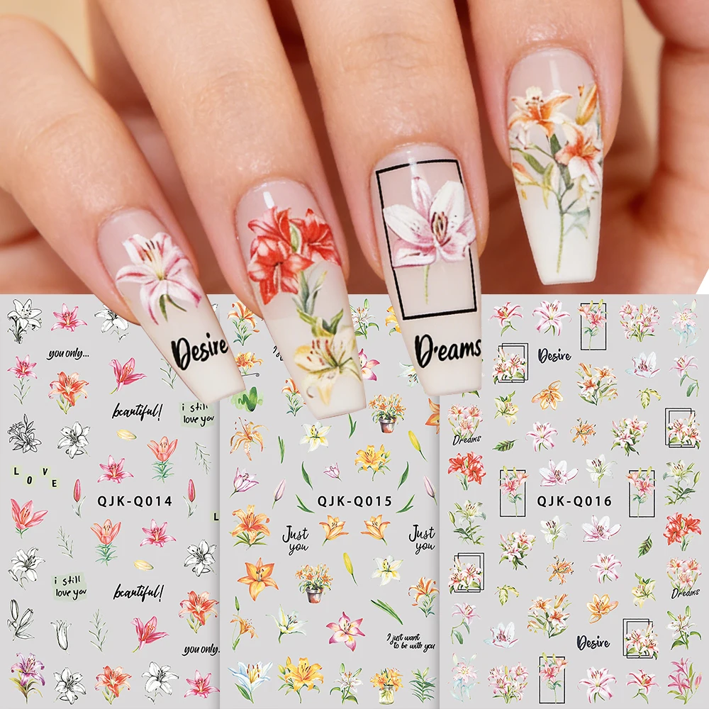 2-3pcs 수채화 백합 꽃 3D 네일 아트 스티커 봄 여름 꽃 기하학 꽃 피는 네일 데칼 DIY 네일 장식