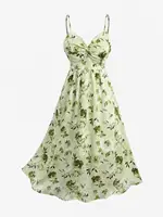 ROSEGAL Plus Size Women Floral Sundress Set Lace Up Ribbed Crop Top And Ruffles Floral Leaf Print Twist Cami Dres New Arrived - Image 2