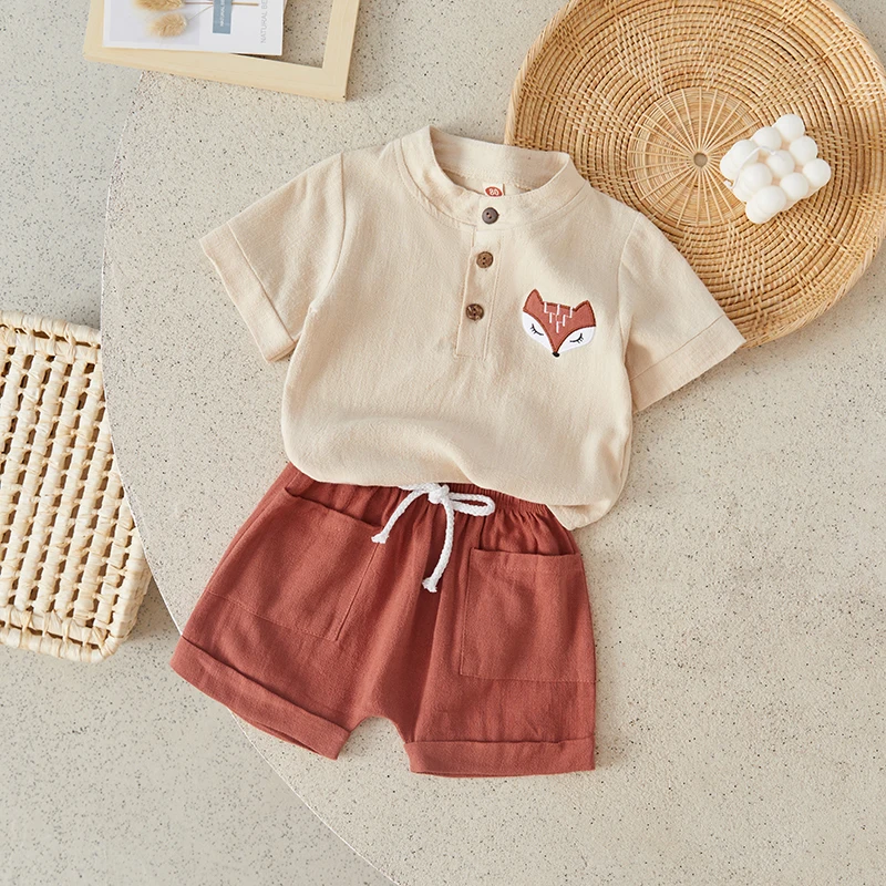 Suefunskry Baby Boys Clothes Set, Short Sleeve Embroidery Animal Shirt with Elastic Waist Shorts Kids Summer Outfit 6M-4Y