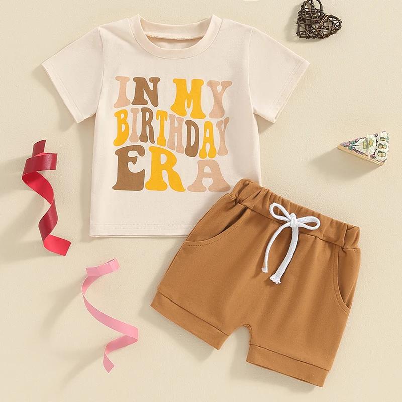 

Kids Baby Boys Shorts Set Short Sleeve Letters Print T-shirt with Elastic Waist Shorts Toddler Set Birthday Outfit