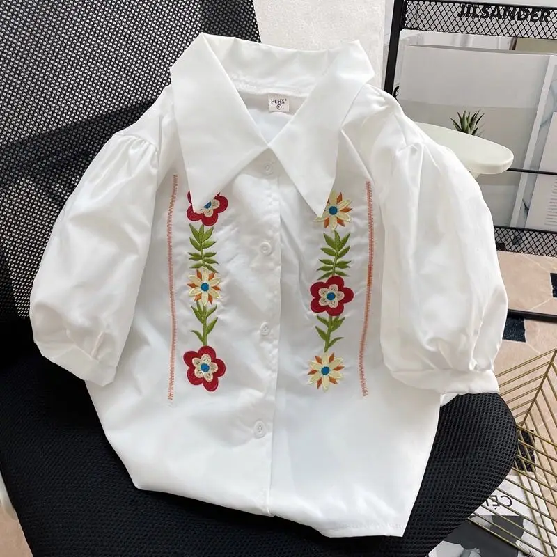 

Embroidered Short-sleeved Shirt Blouse Women's Summer Japanese Style Bubble Sleeve Polo Shirt Short Top