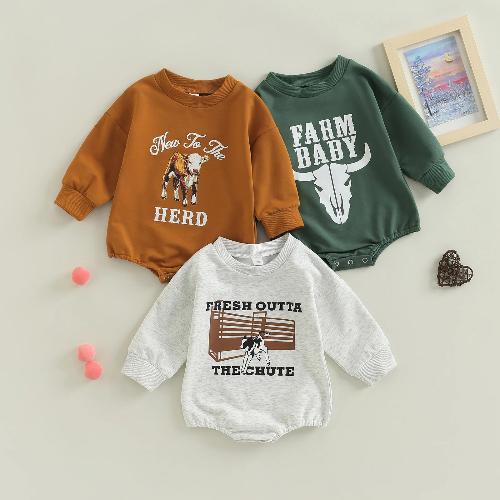 

Infant Baby Boys Girls Sweatshirt Jumpsuit Letter Cow Print Long Sleeve Round Neck Oversized Romper Cute Fall Winter Clothes