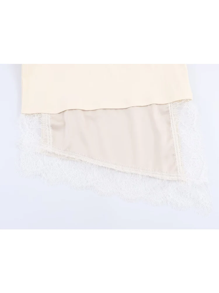  Women's Chic Lace Patchwork T-shirts Solid Color Asymmetrical Hem Casual Short Sleeve Tops 2026 New Loose Female Outfit