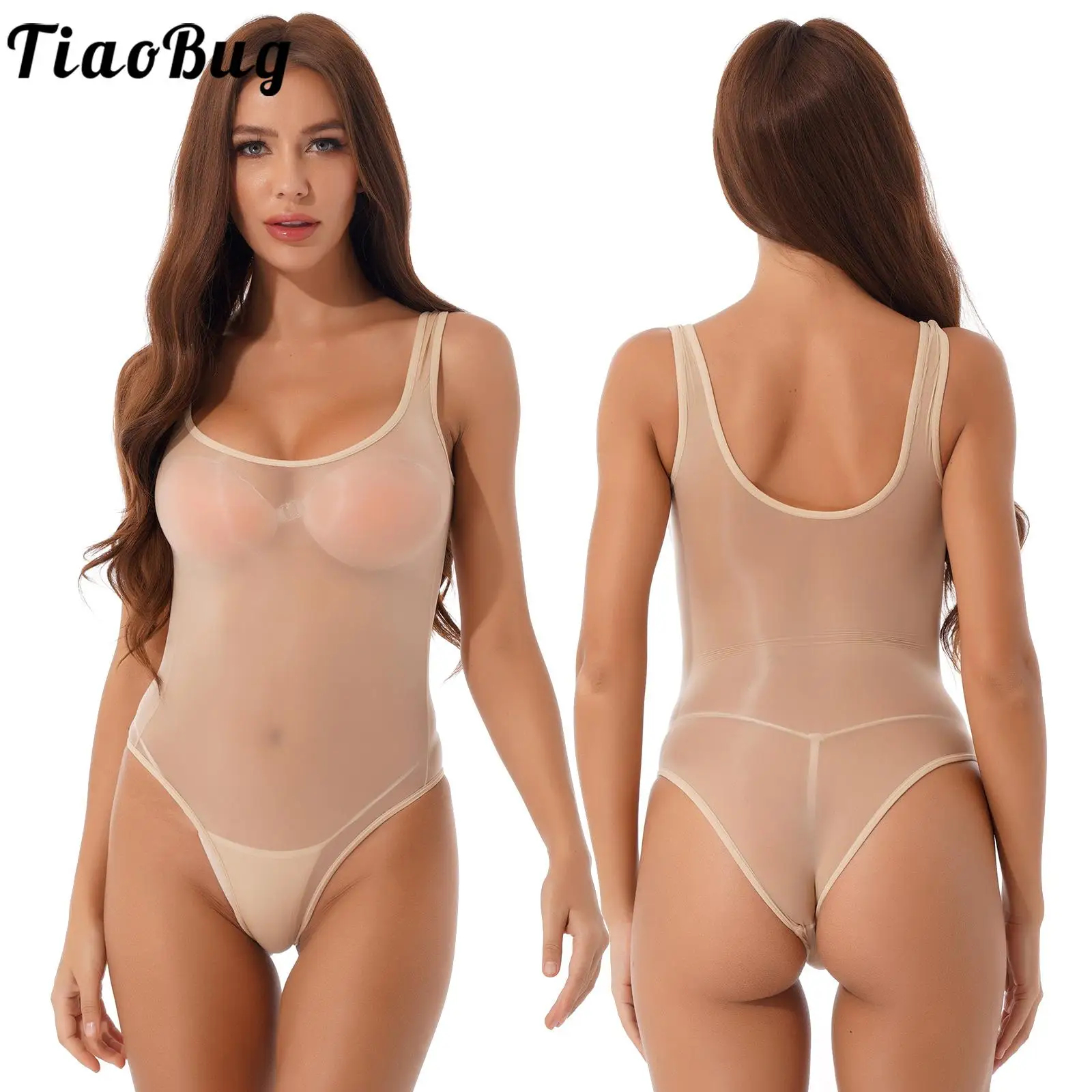 

Tiaobug Women Glossy Pure Scoop Neck Sleeveless See-through Lingerie Bodysuits Night Underwear Swim Leotard for Pool Party Wears