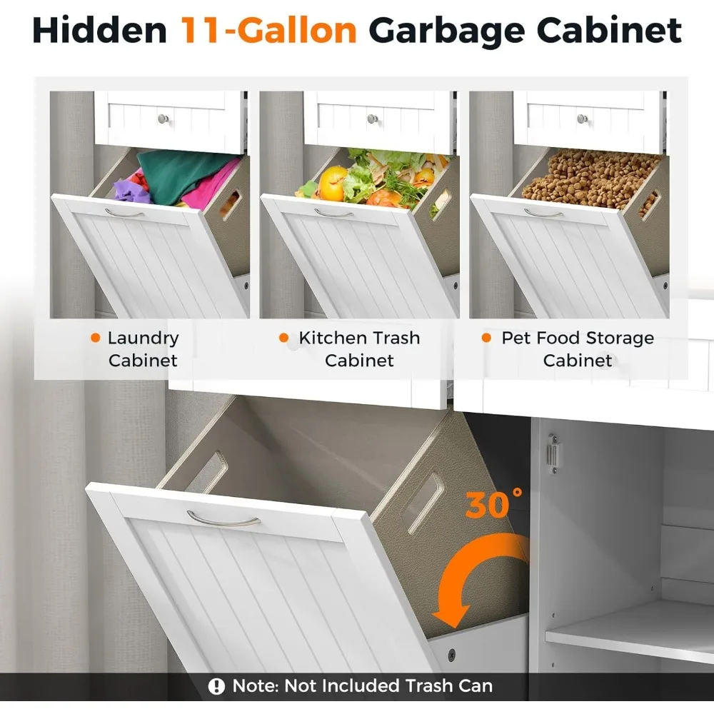 Tilt Out Trash Cabinet, Kitchen Island with 2 Drawers & Adjustable Shelf, Recycle Bins Pet Proof Garbage Can Holder 5